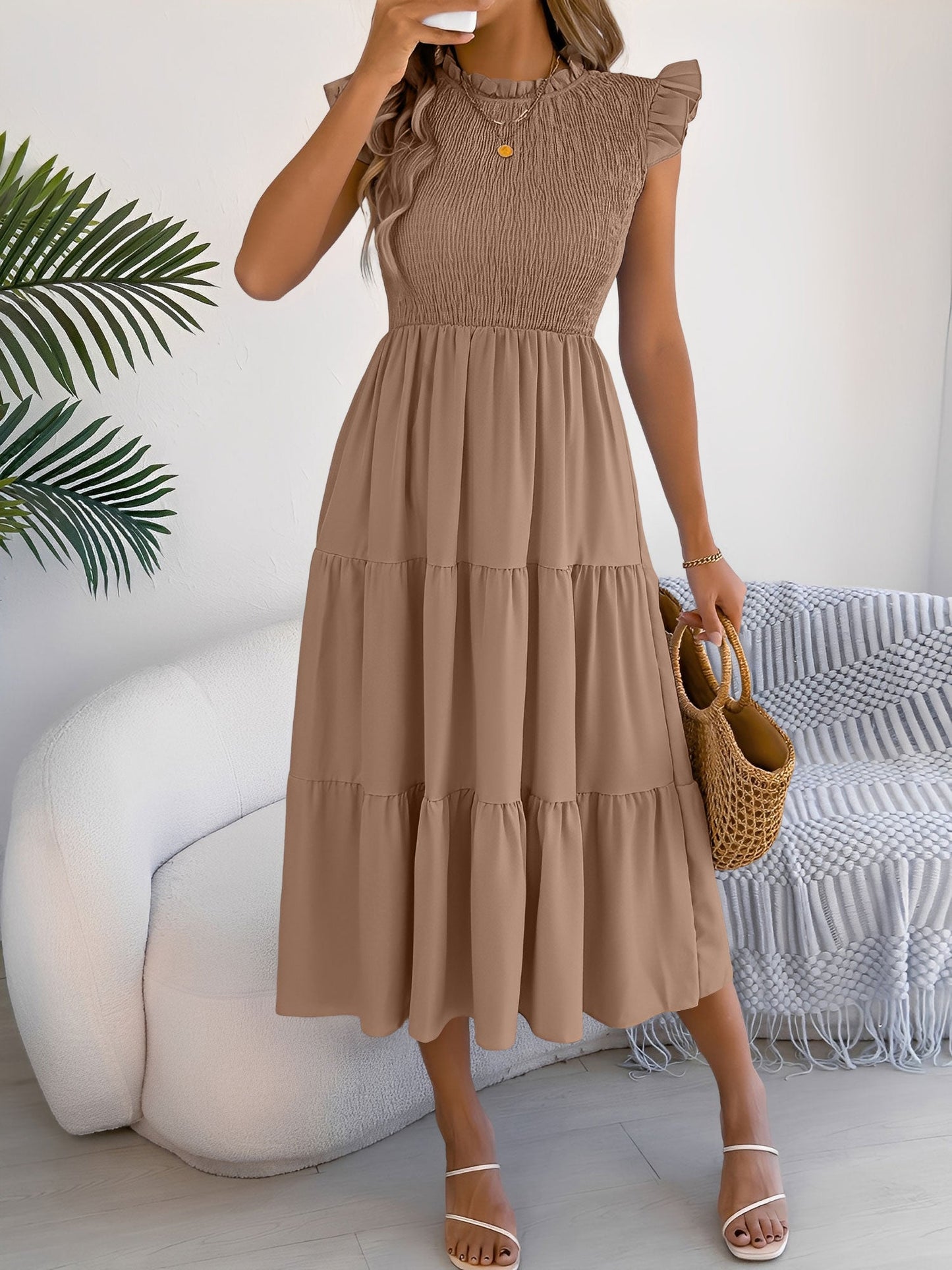 Ruffled Cap Sleeve Smocked Tiered A-Line Dress