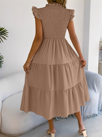 Ruffled Cap Sleeve Smocked Tiered A-Line Dress