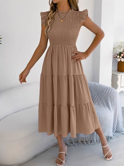 Ruffled Cap Sleeve Smocked Tiered A-Line Dress