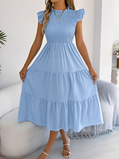 Ruffled Cap Sleeve Smocked Tiered A-Line Dress