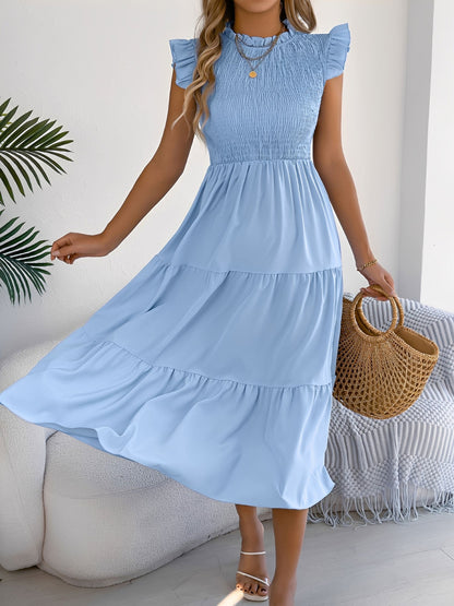 Ruffled Cap Sleeve Smocked Tiered A-Line Dress