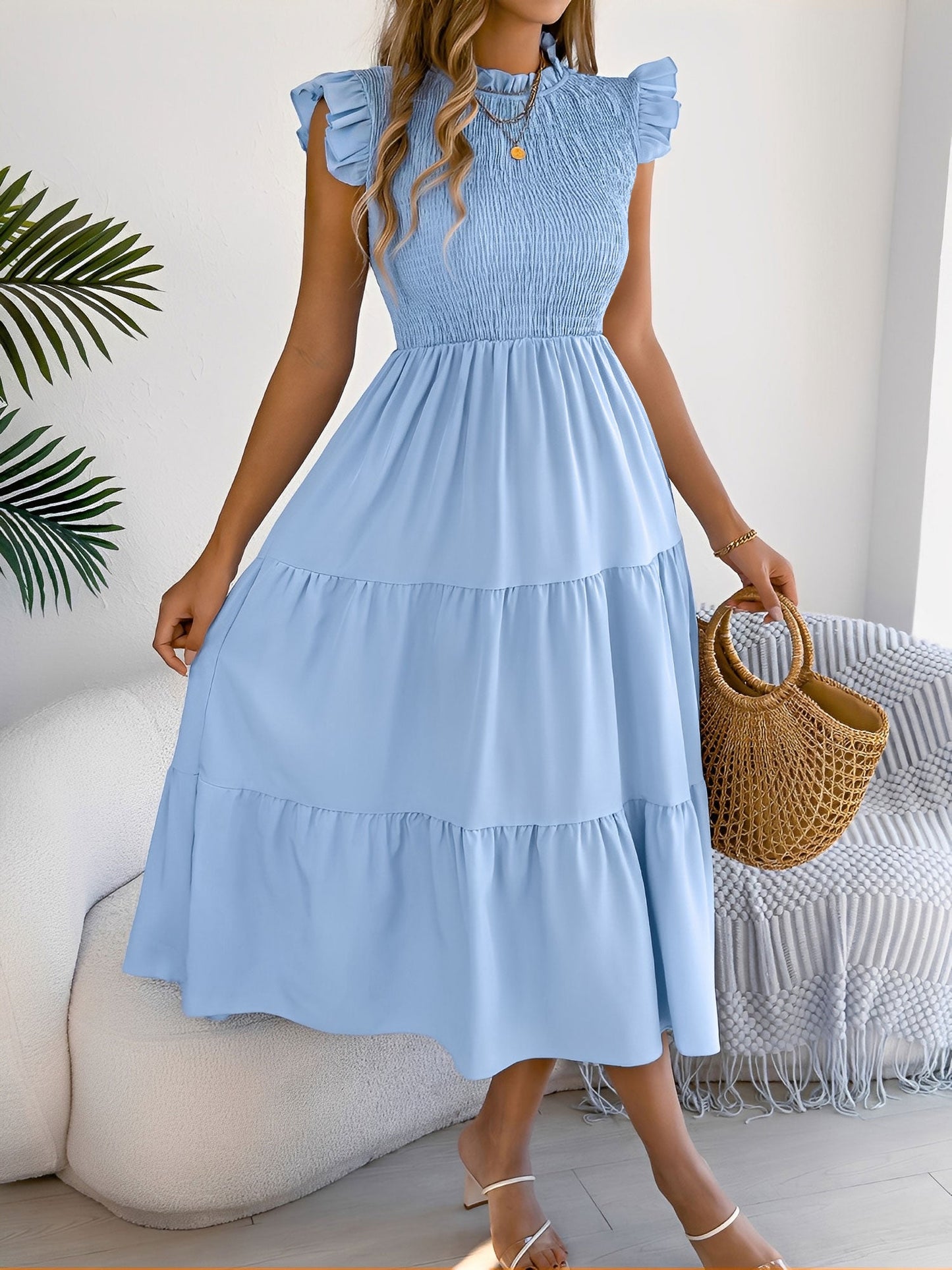 Ruffled Cap Sleeve Smocked Tiered A-Line Dress