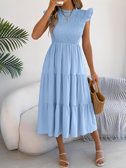 Ruffled Cap Sleeve Smocked Tiered A-Line Dress
