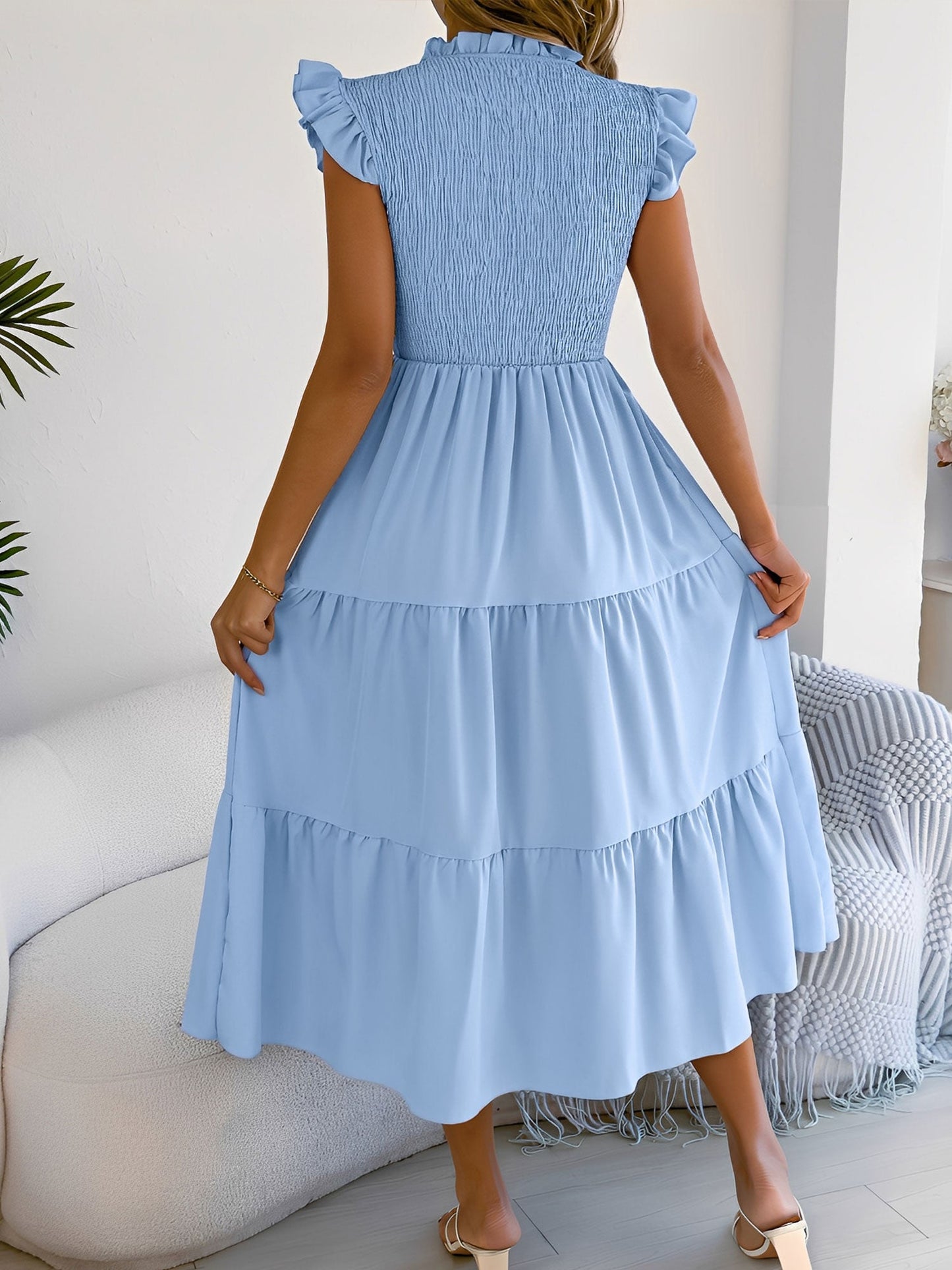 Ruffled Cap Sleeve Smocked Tiered A-Line Dress