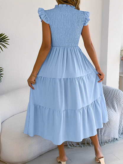 Ruffled Cap Sleeve Smocked Tiered A-Line Dress
