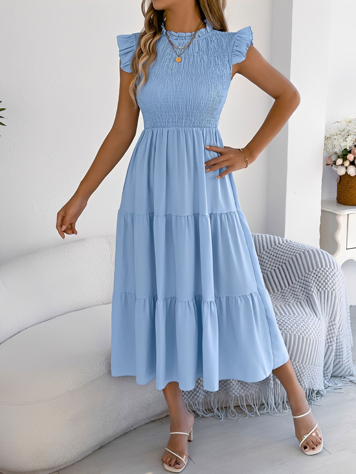 Ruffled Cap Sleeve Smocked Tiered A-Line Dress