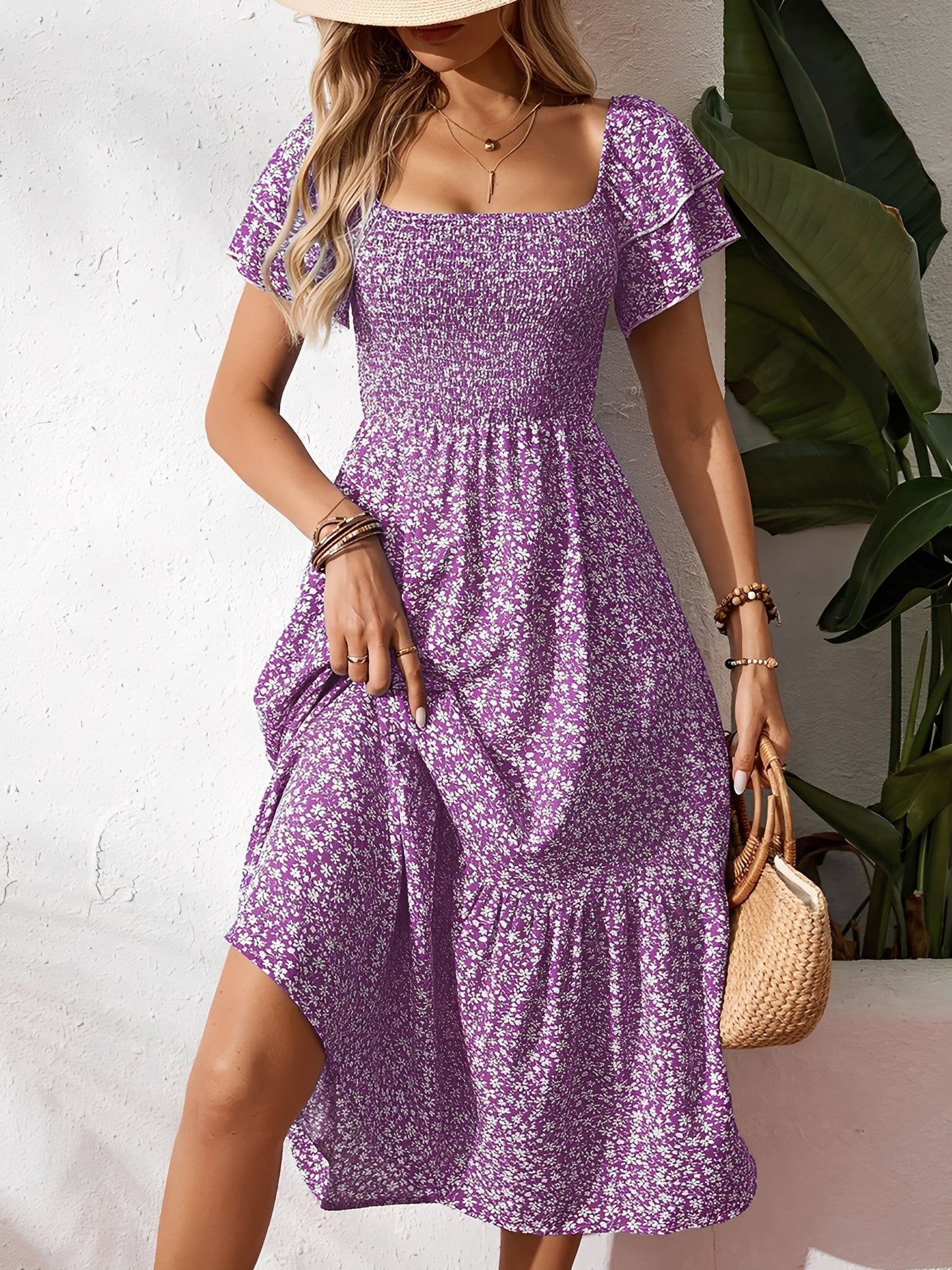 Square Neck Floral Smocked Off Shoulder A-Line Dress