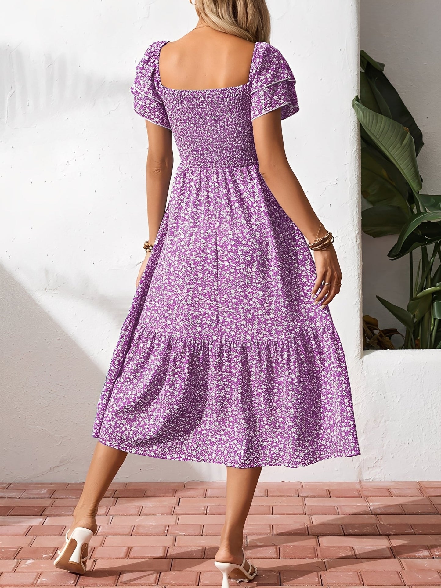 Square Neck Floral Smocked Off Shoulder A-Line Dress