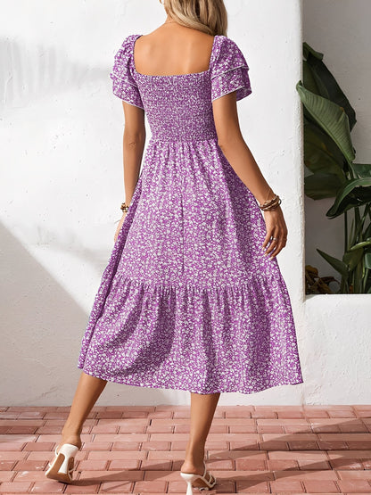 Square Neck Floral Smocked Off Shoulder A-Line Dress
