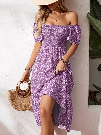 Square Neck Floral Smocked Off Shoulder A-Line Dress