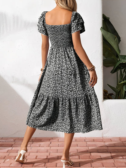 Square Neck Floral Smocked Off Shoulder A-Line Dress