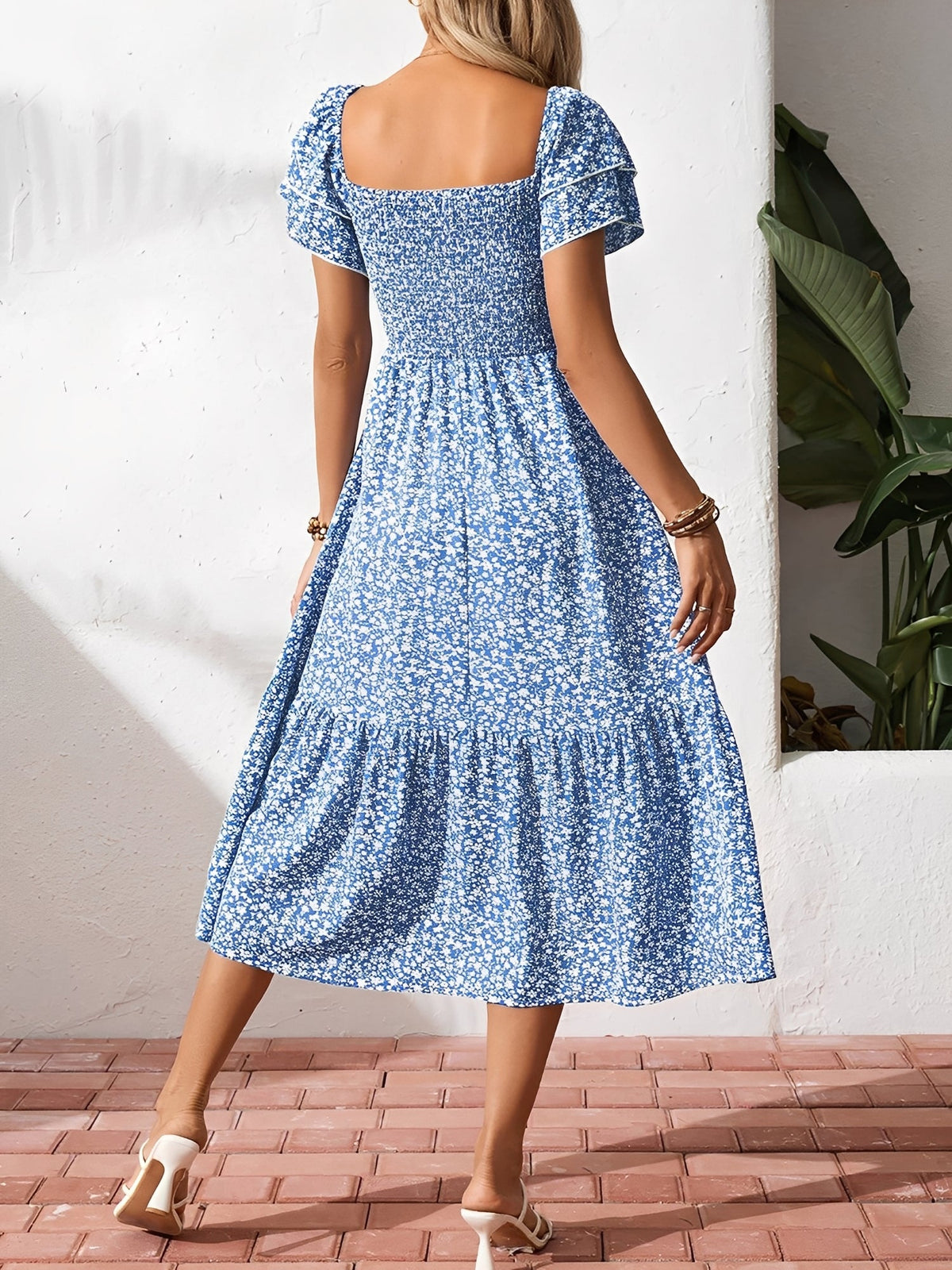 Square Neck Floral Smocked Off Shoulder A-Line Dress