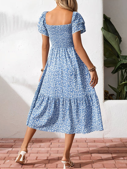 Square Neck Floral Smocked Off Shoulder A-Line Dress
