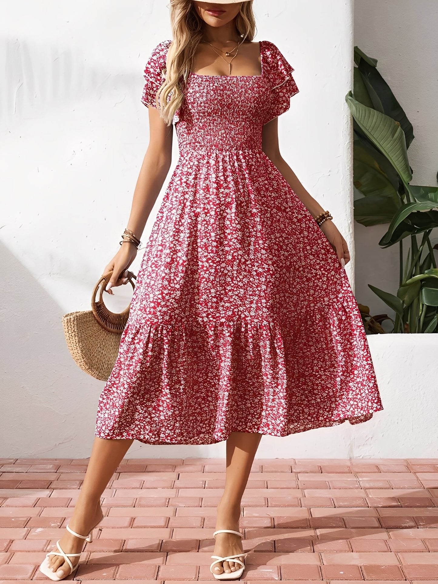 Square Neck Floral Smocked Off Shoulder A-Line Dress