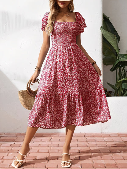 Square Neck Floral Smocked Off Shoulder A-Line Dress