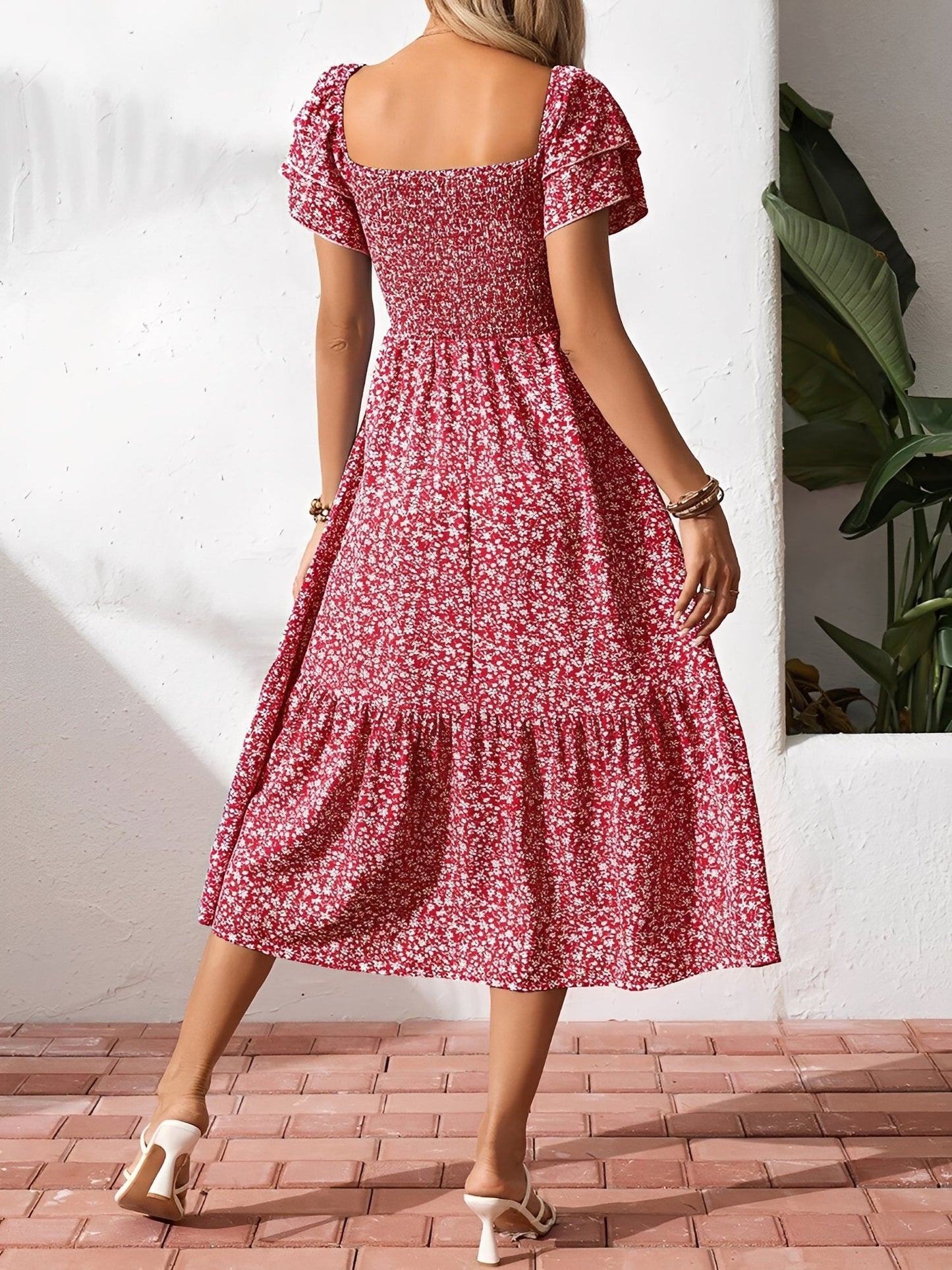 Square Neck Floral Smocked Off Shoulder A-Line Dress