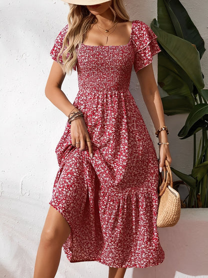 Square Neck Floral Smocked Off Shoulder A-Line Dress