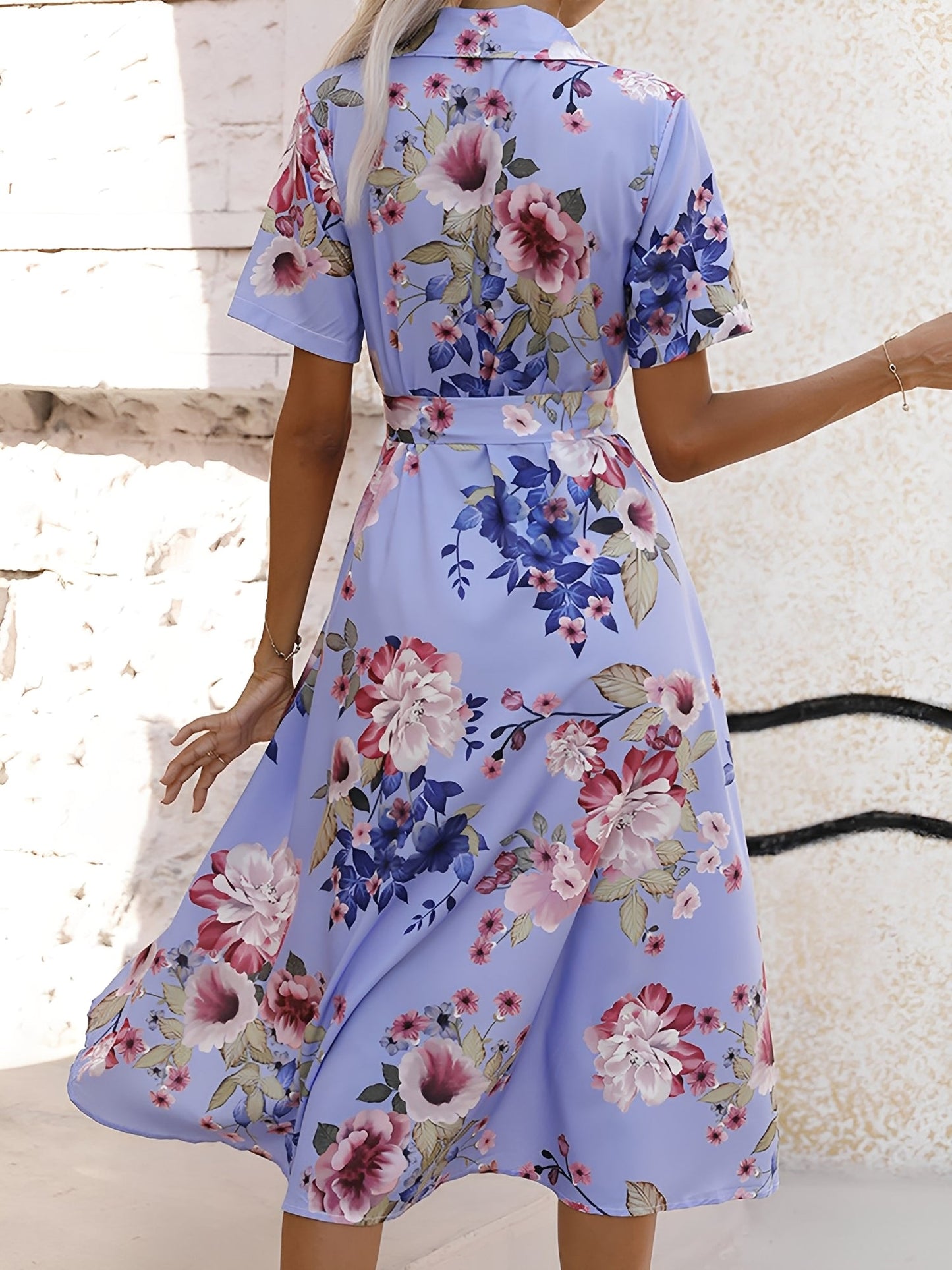 Floral Button Down Lace-Up Belted Shirt Dress