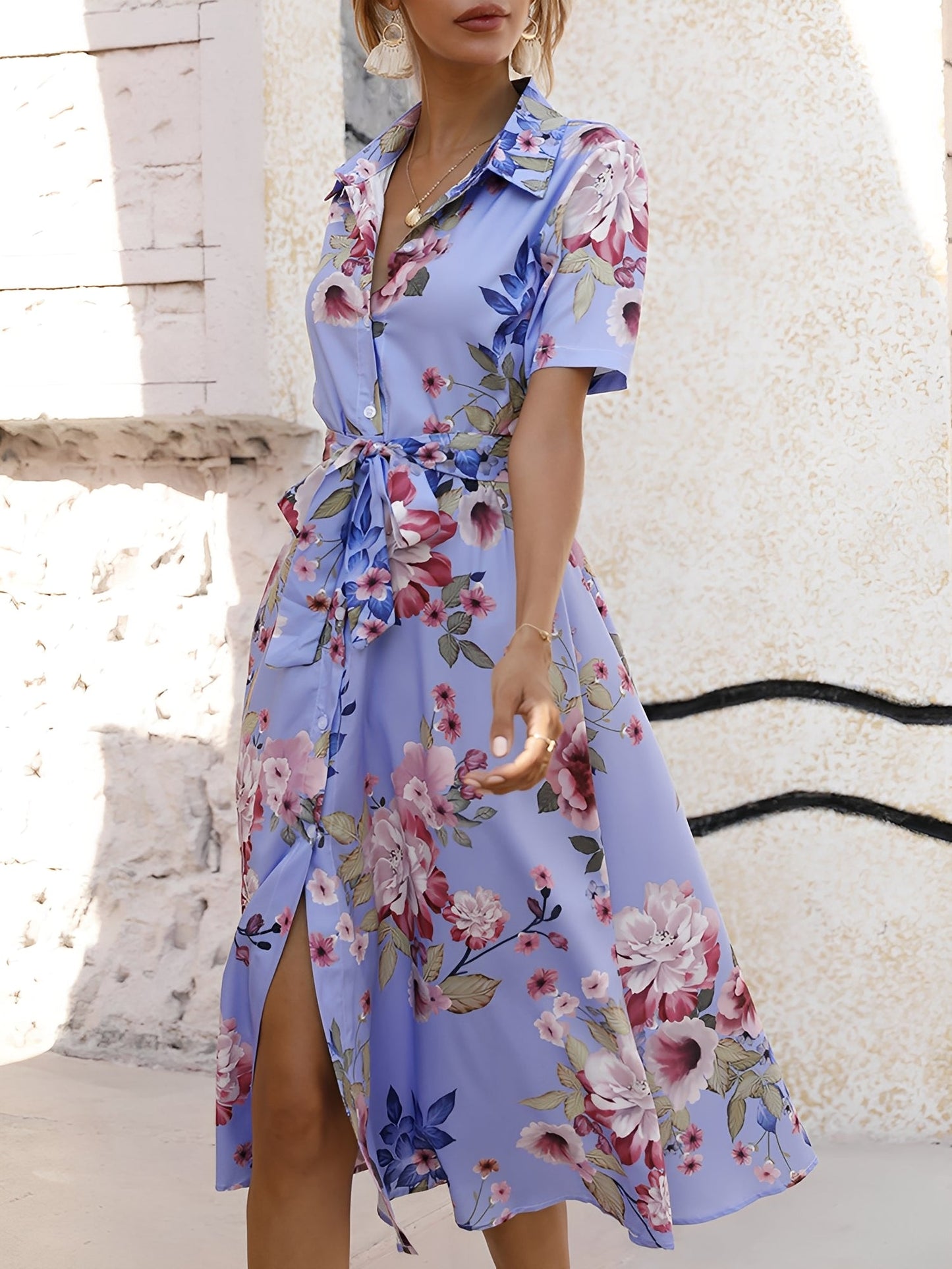 Floral Button Down Lace-Up Belted Shirt Dress