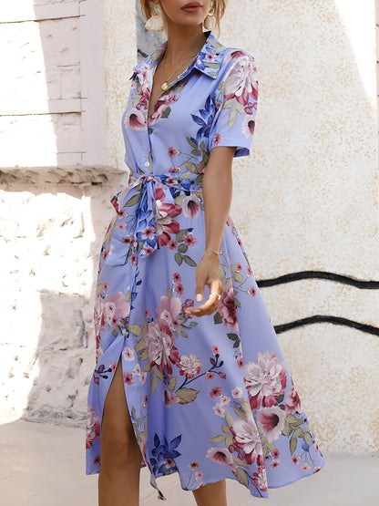 Floral Button Down Lace-Up Belted Shirt Dress