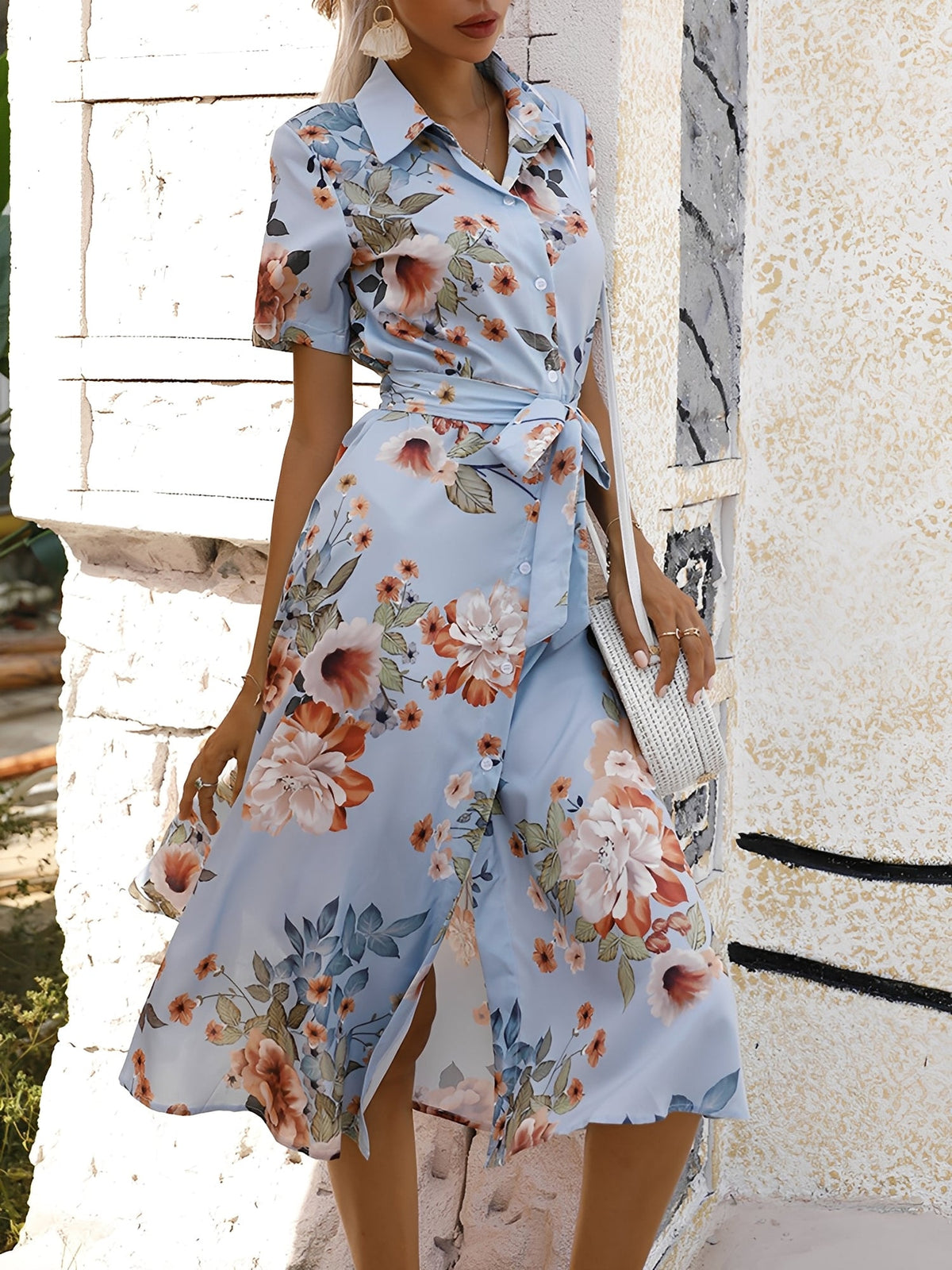 Floral Button Down Lace-Up Belted Shirt Dress