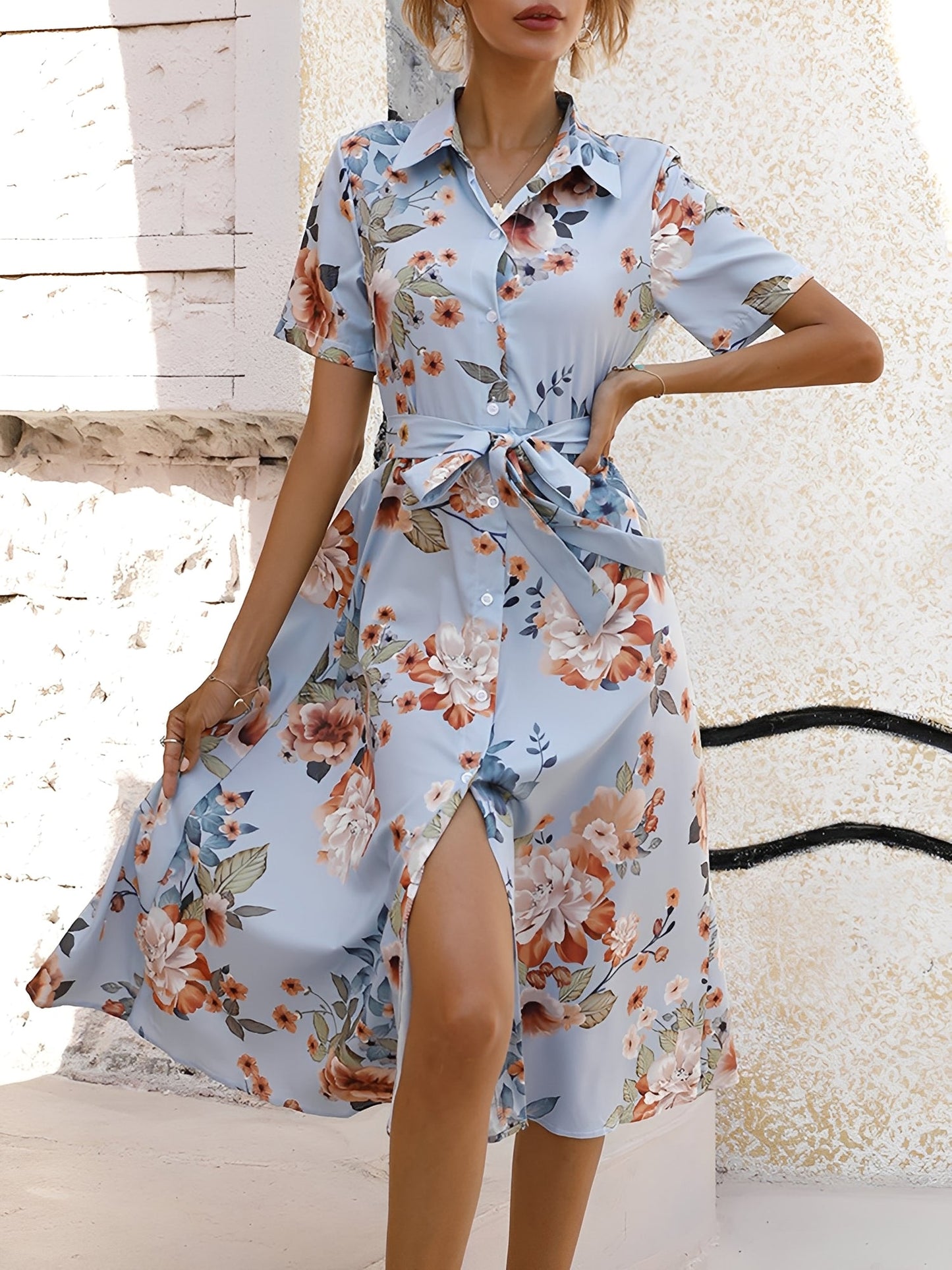 Floral Button Down Lace-Up Belted Shirt Dress