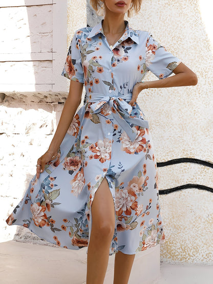 Floral Button Down Lace-Up Belted Shirt Dress