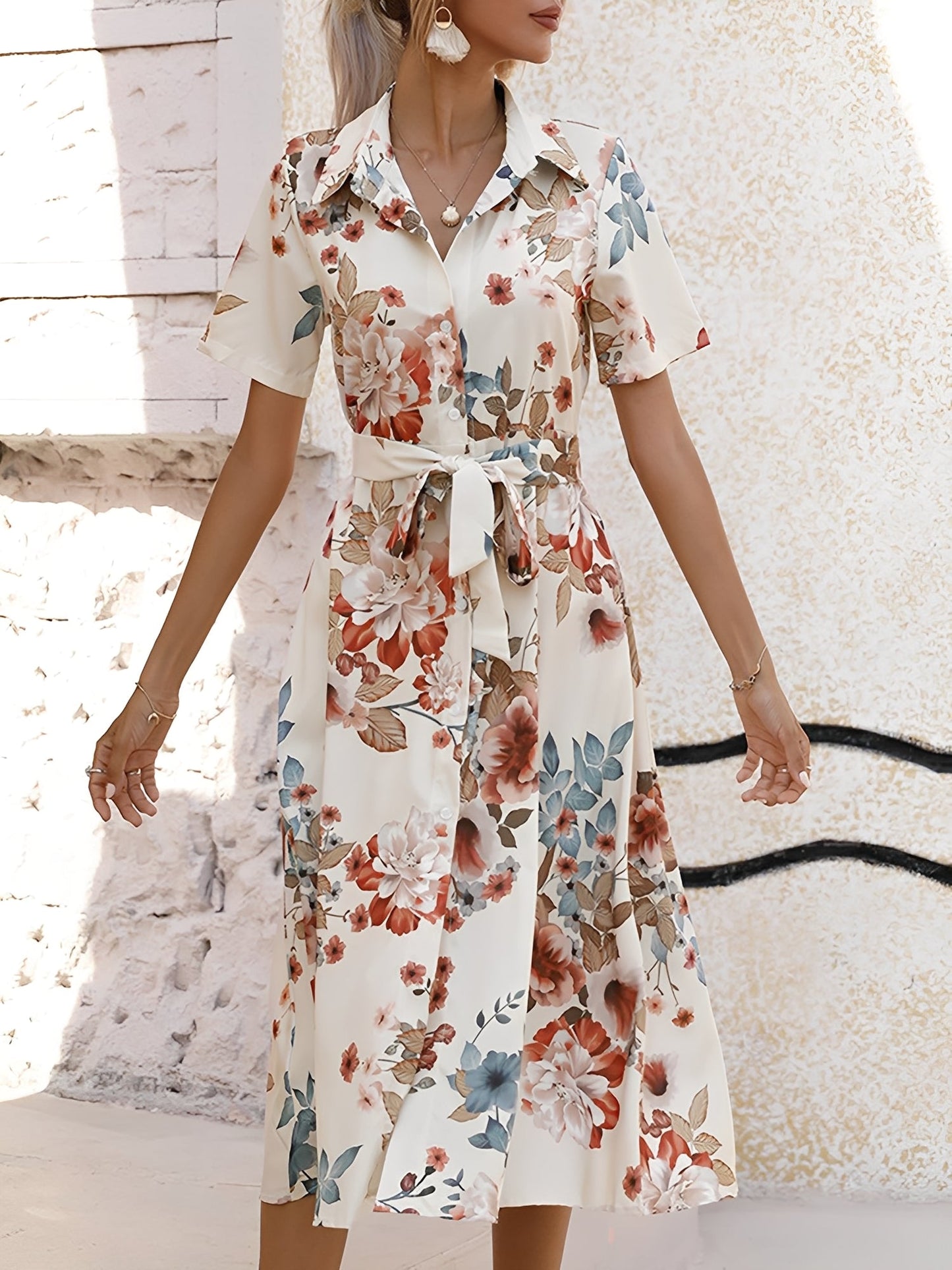 Floral Button Down Lace-Up Belted Shirt Dress