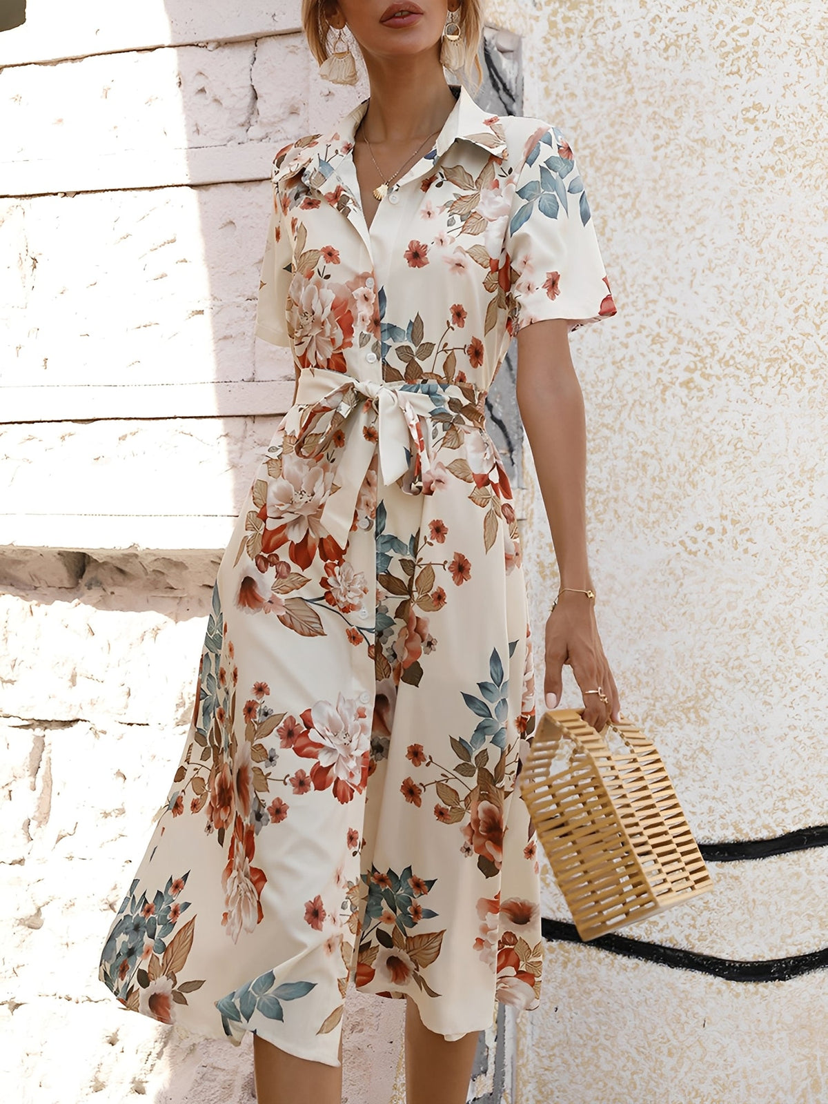 Floral Button Down Lace-Up Belted Shirt Dress