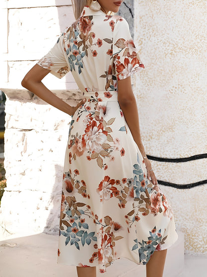 Floral Button Down Lace-Up Belted Shirt Dress