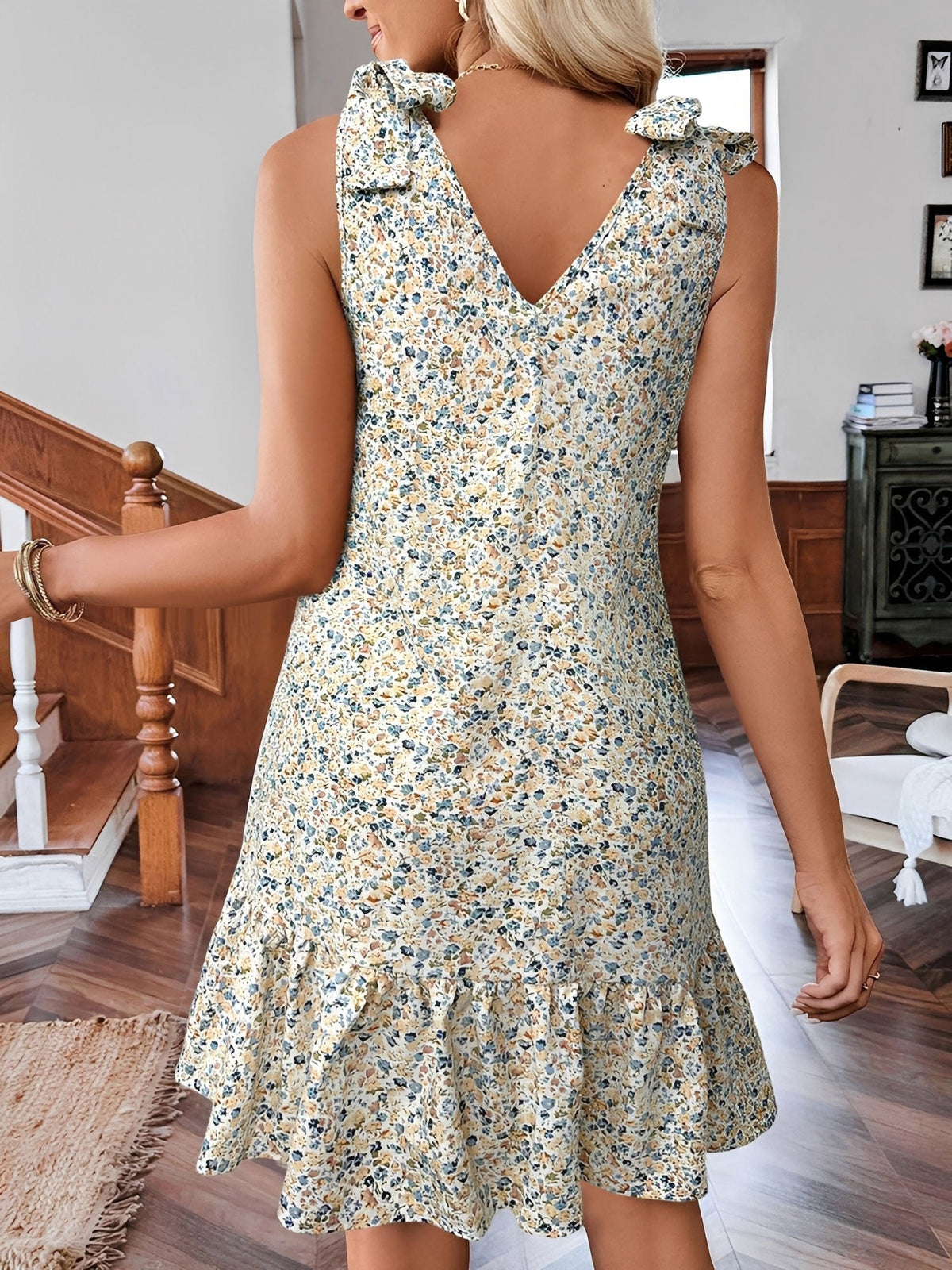 Bow Floral V Neck Sleeveless Mini Dress