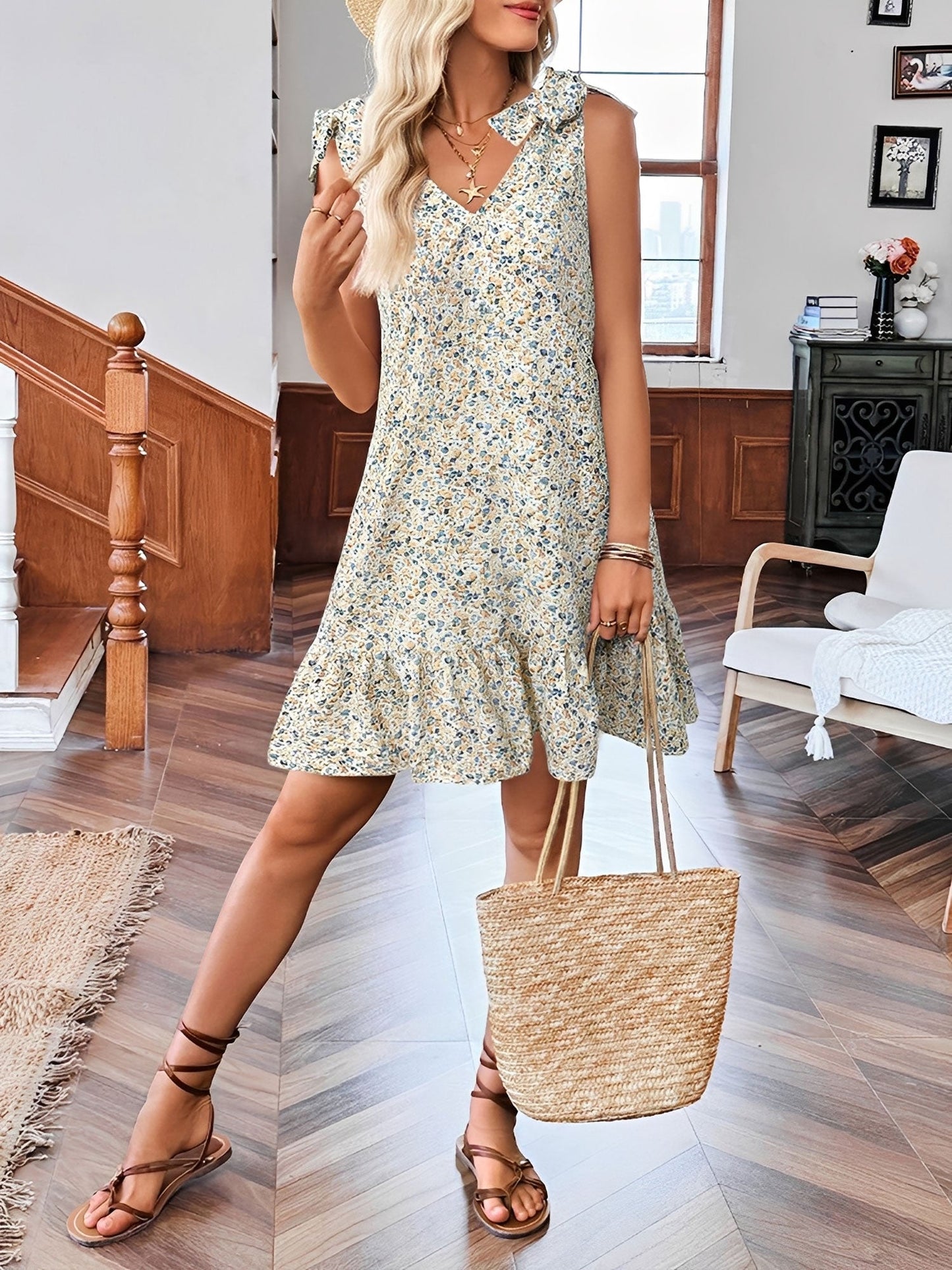 Bow Floral V Neck Sleeveless Mini Dress