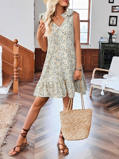 Bow Floral V Neck Sleeveless Mini Dress