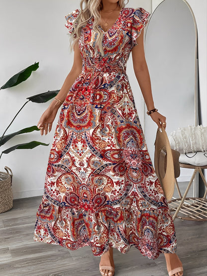 Boho Floral V Neck Ruffle Sleeves Smocked Long Dress