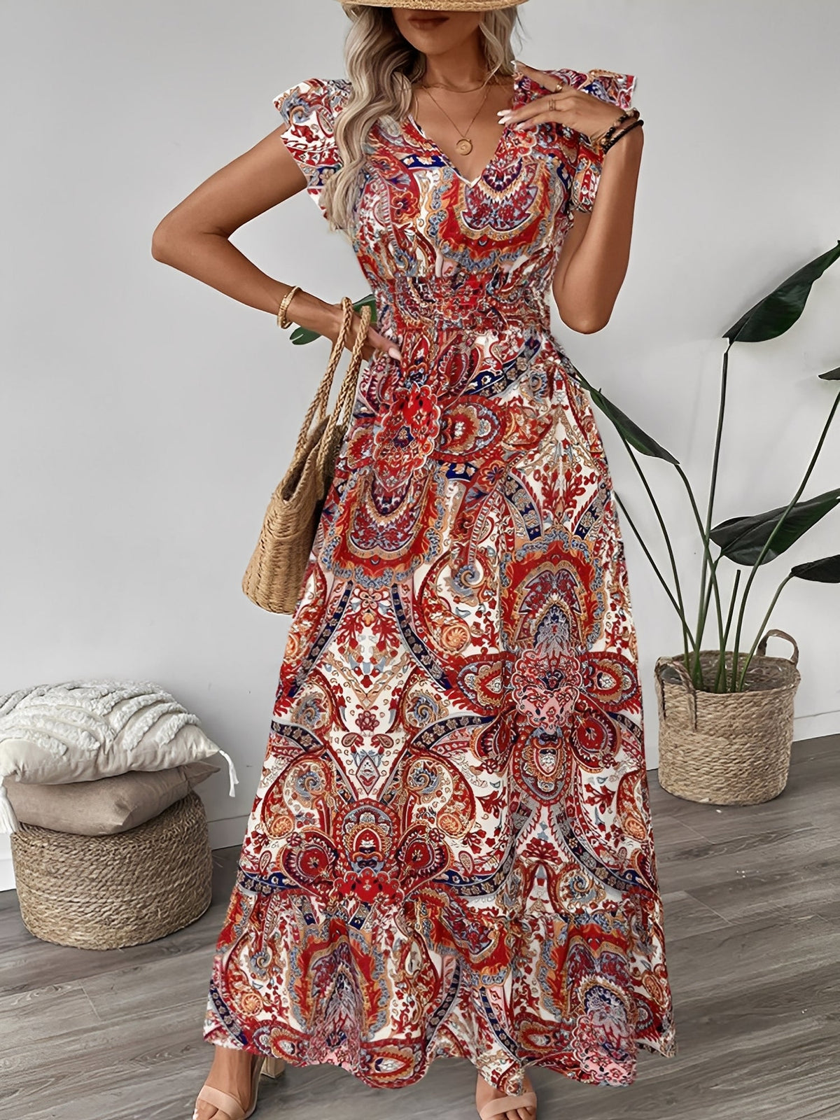 Boho Floral V Neck Ruffle Sleeves Smocked Long Dress