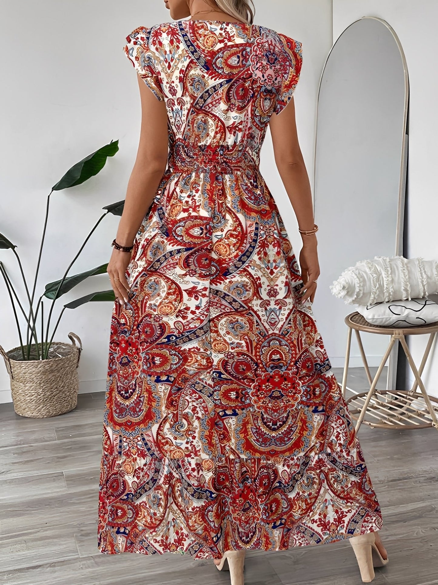 Boho Floral V Neck Ruffle Sleeves Smocked Long Dress