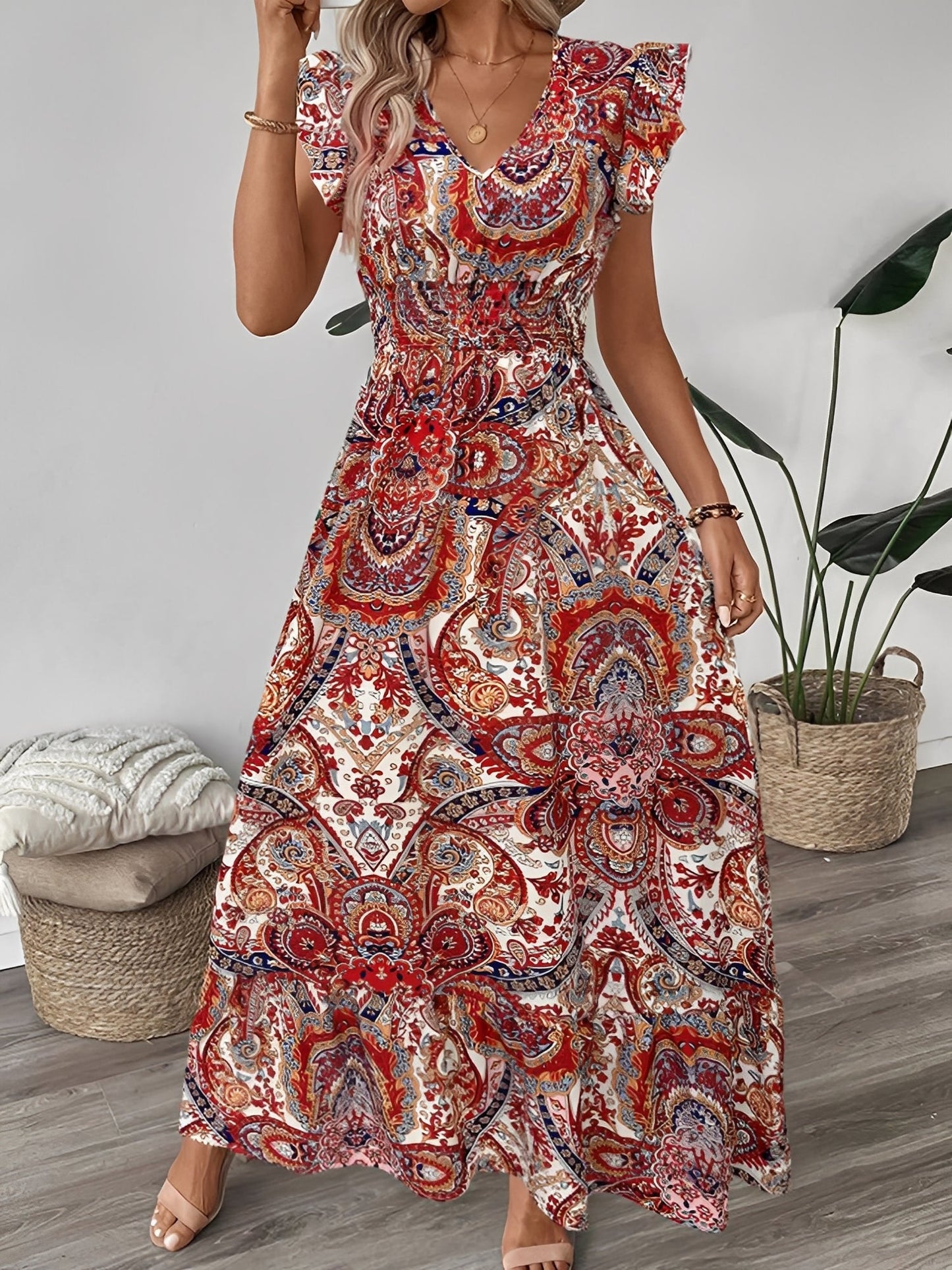 Boho Floral V Neck Ruffle Sleeves Smocked Long Dress