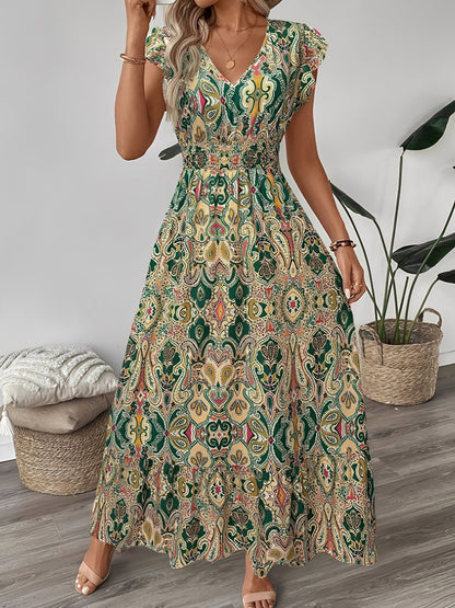 Boho Floral V Neck Ruffle Sleeves Smocked Long Dress