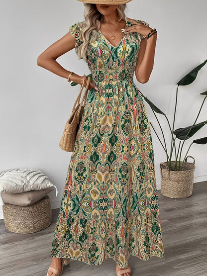 Boho Floral V Neck Ruffle Sleeves Smocked Long Dress