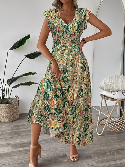 Boho Floral V Neck Ruffle Sleeves Smocked Long Dress