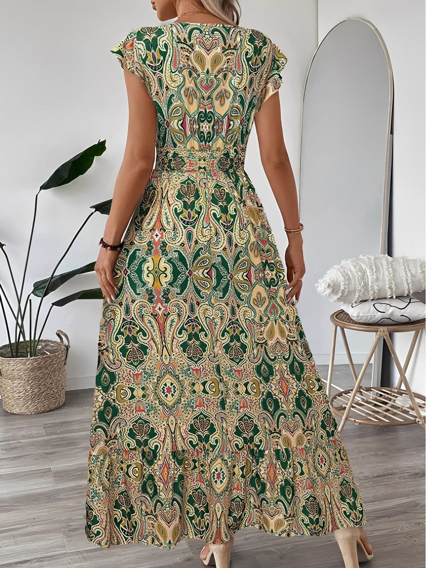 Boho Floral V Neck Ruffle Sleeves Smocked Long Dress