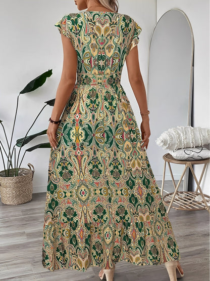 Boho Floral V Neck Ruffle Sleeves Smocked Long Dress