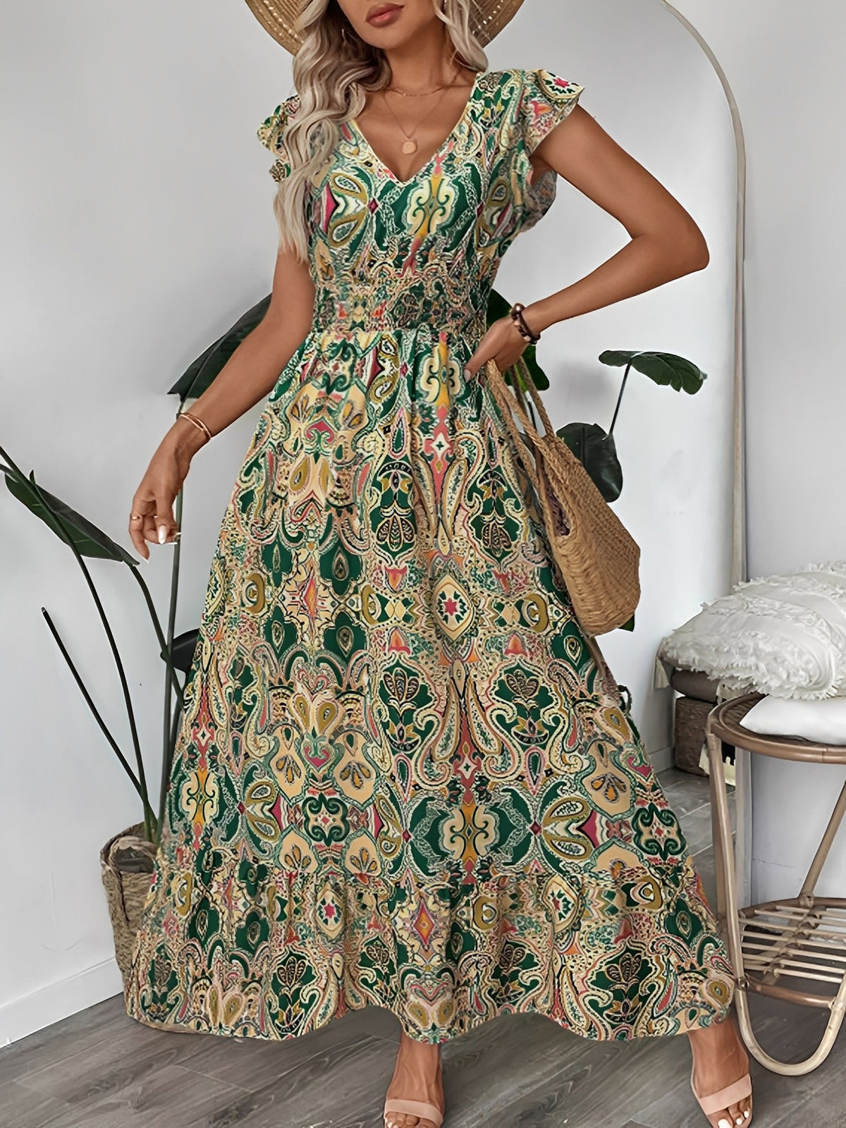 Boho Floral V Neck Ruffle Sleeves Smocked Long Dress