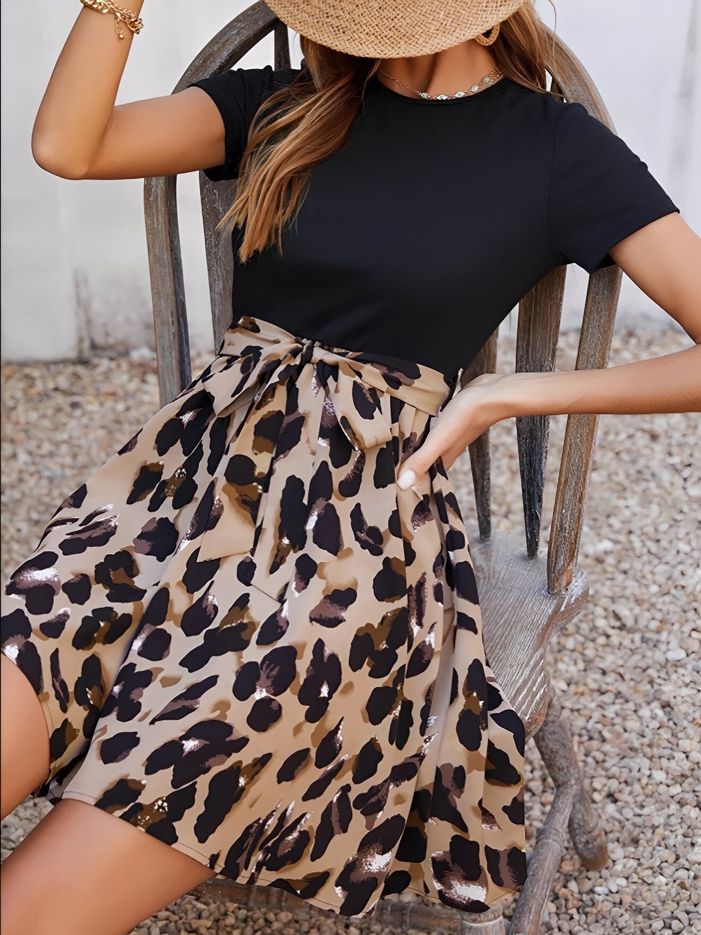 Leopard Patchwork Short Sleeves Tie Waist Dress