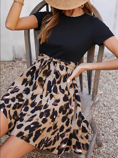 Leopard Patchwork Short Sleeves Tie Waist Dress