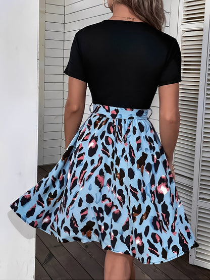 Leopard Patchwork Short Sleeves Tie Waist Dress