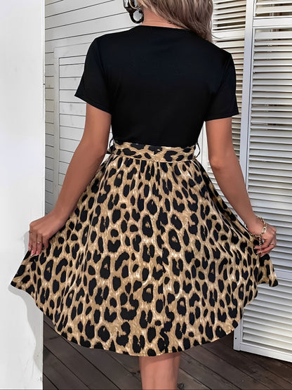 Leopard Patchwork Short Sleeves Tie Waist Dress
