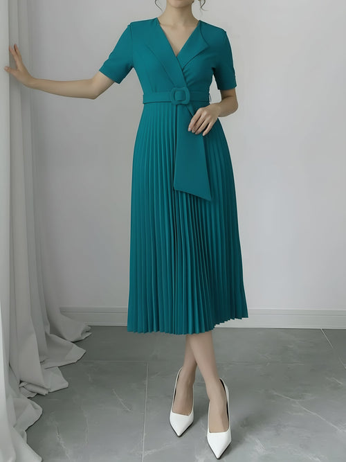 Lapel Belted Solid Color Pleated Midi Work Dress