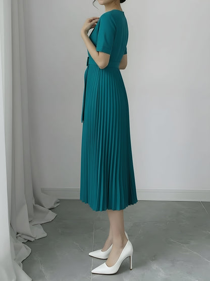 Lapel Belted Solid Color Pleated Midi Work Dress