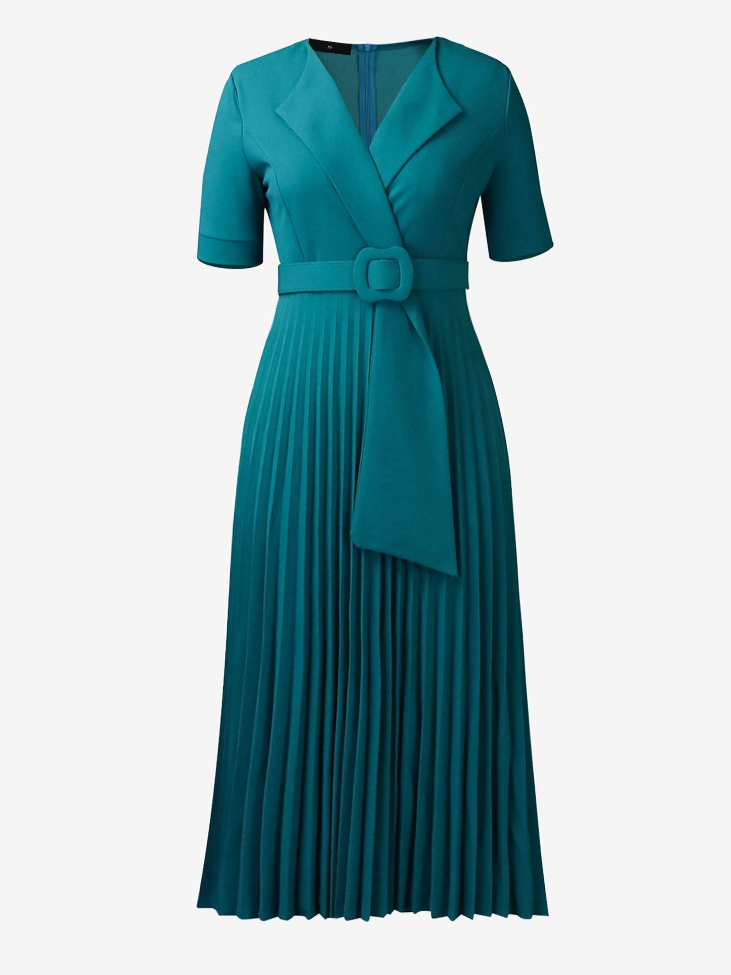 Lapel Belted Solid Color Pleated Midi Work Dress